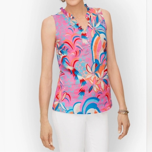 Talbots Ruffle Trim Shell Dazzling Floral. Size Medium. - Picture 2 of 10